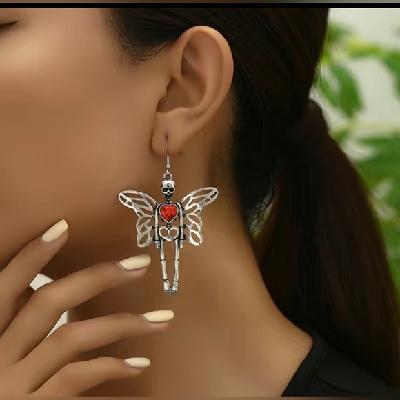 Halloween Earrings “Fairy Skeleton” Silver Red Heart Whimsy Goth Edgy Dangle New - Picture 1 of 12